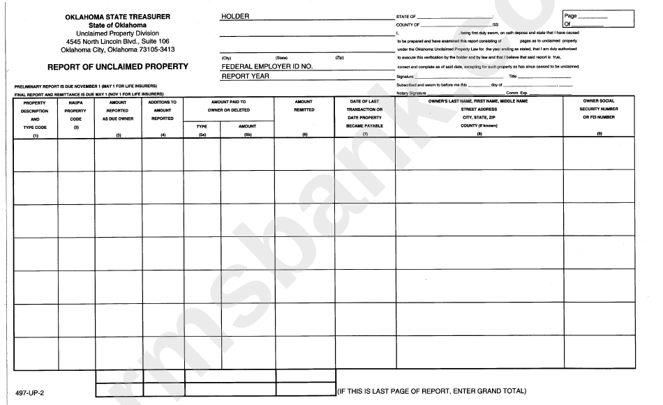 Form 497-Up-2 - Report Of Unclaimed Property Form