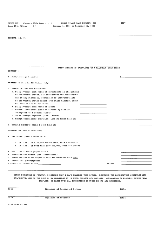 Form T-86 - Rhode Island Bank Deposits Tax Printable pdf