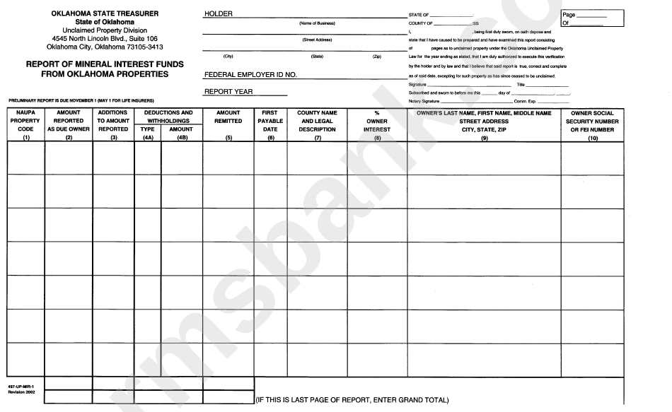 Form 497-Up-Mir-1 - Report Of Mineral Interest Funds From Oklahoma Propetries