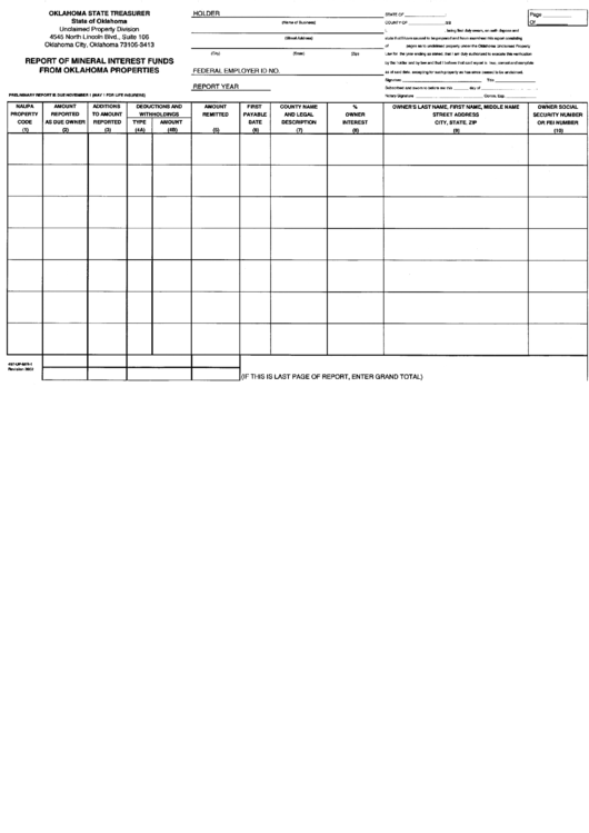 Form 497-Up-Mir-1 - Report Of Mineral Interest Funds From Oklahoma Propetries Printable pdf