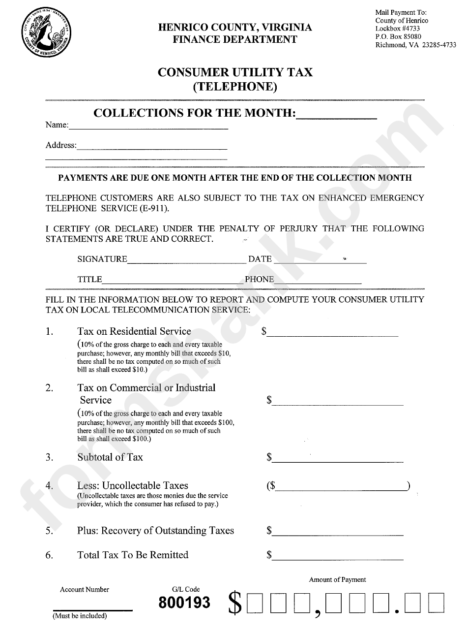 Consumer Utility Tax Form - State Of Virginia