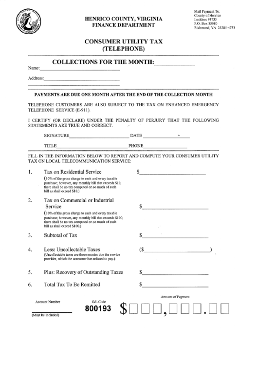 Consumer Utility Tax Form - State Of Virginia Printable pdf