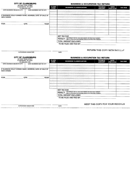 Business And Occupation Tax Return Form - City Of Clarksburg Printable pdf