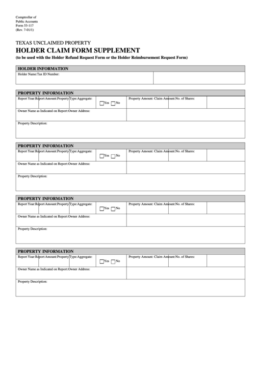 Fillable Form 53-117 - Holder Claim Form Supplement Printable pdf