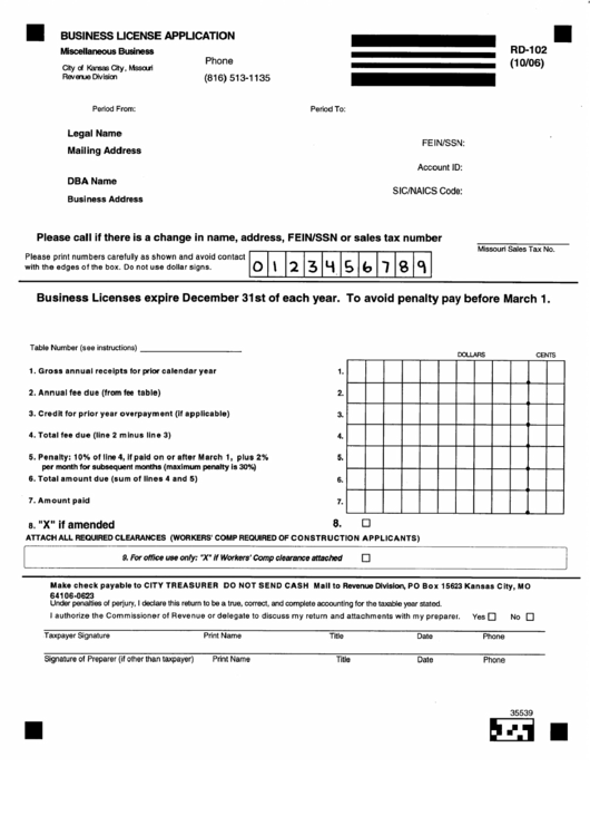 Form Rd-102 - Business License Application Form - State Of Missouri Printable pdf