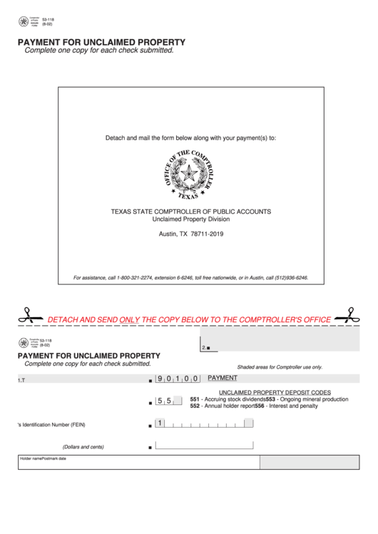 Form 53-118 - Payment For Unclaimed Property Printable pdf