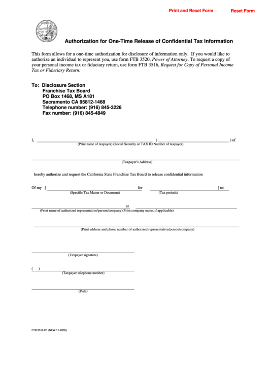Fillable Form Ftb 3518 C1- Authorization For One-Time Release Of Confidential Tax Information Printable pdf