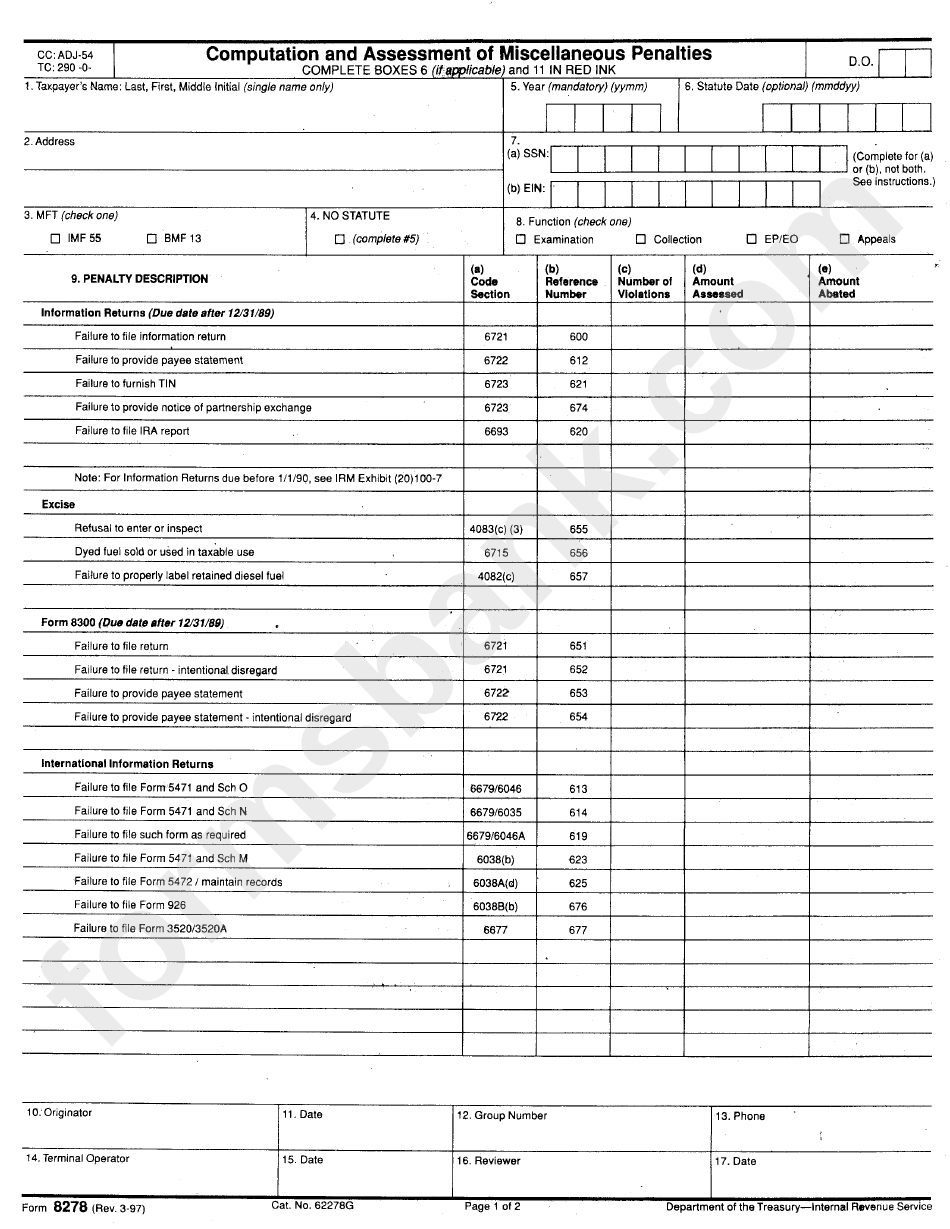 Form 8278 - Computation And Assessment Of Miscellaneous Penalties Form