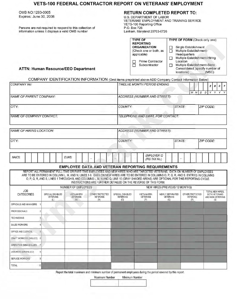 Form Vets-100 - Federal Contactor Report On Veterans Employment Form