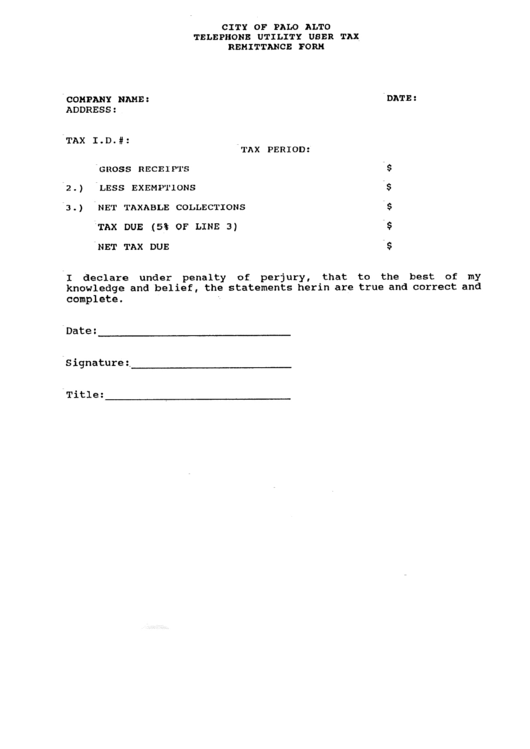 Telephone Utility User Tax Form - City Of Palo Alto Printable pdf