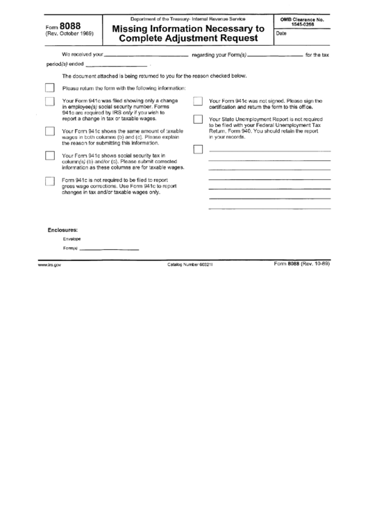 Form 8088 - Missing Information Necessary To Complete Adjustment Request Printable pdf