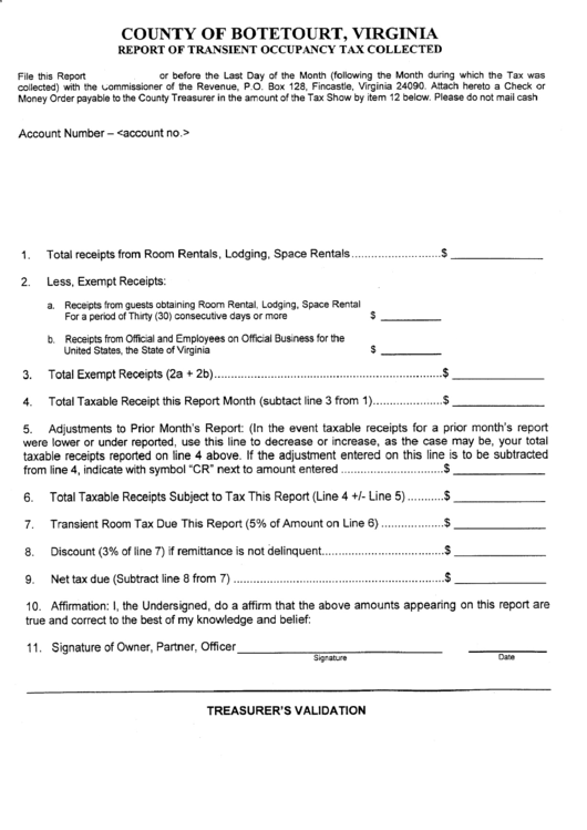 Report Of Transient Occuancy Tax Collected Form - State Of Virginia Printable pdf