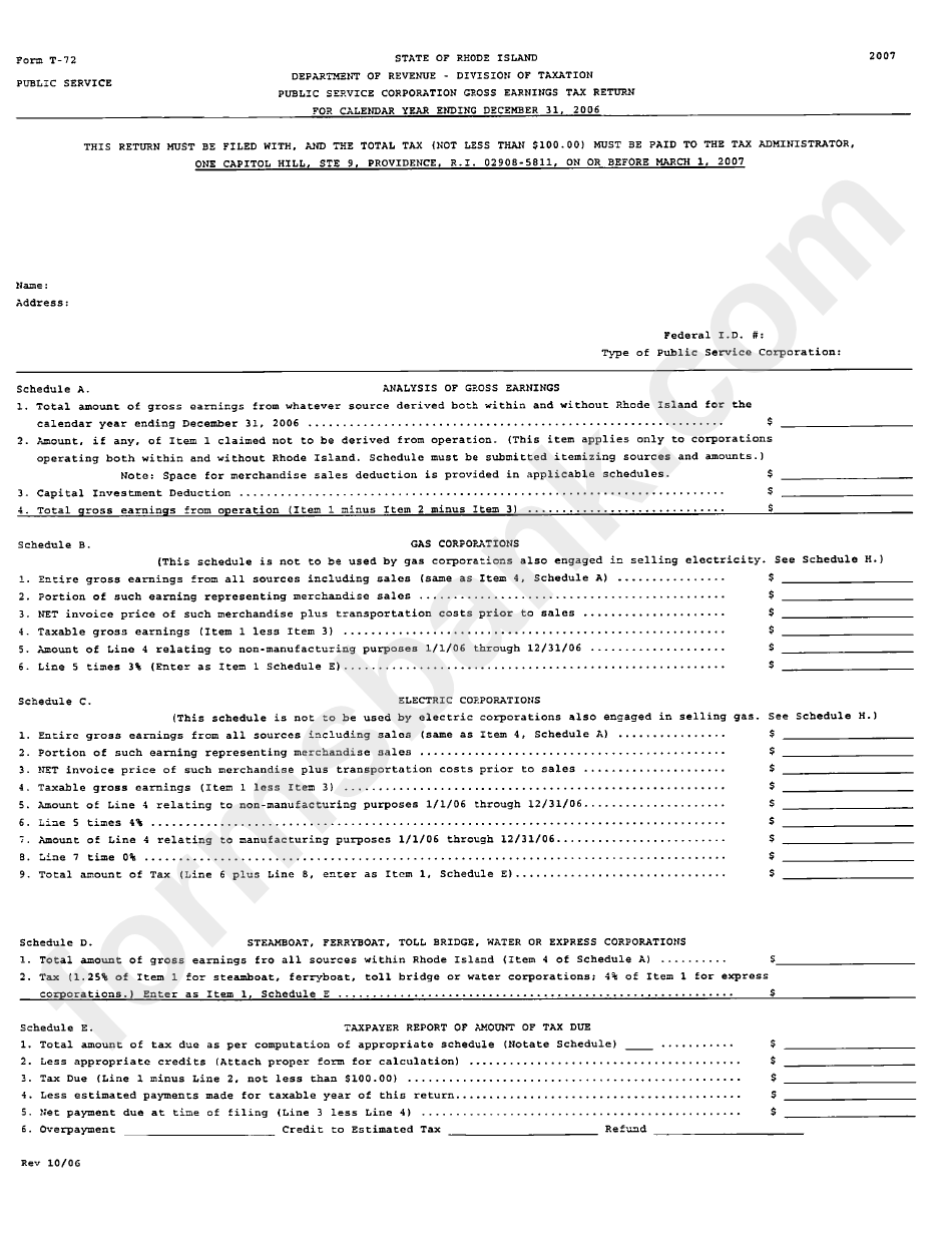 Form T-72 - Public Service Corporation Gross Earnings Tax Return