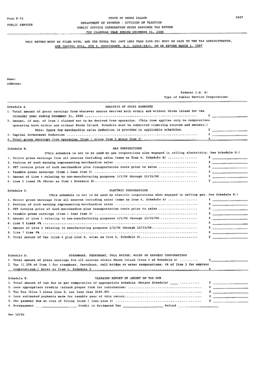 Form T-72 - Public Service Corporation Gross Earnings Tax Return Printable pdf
