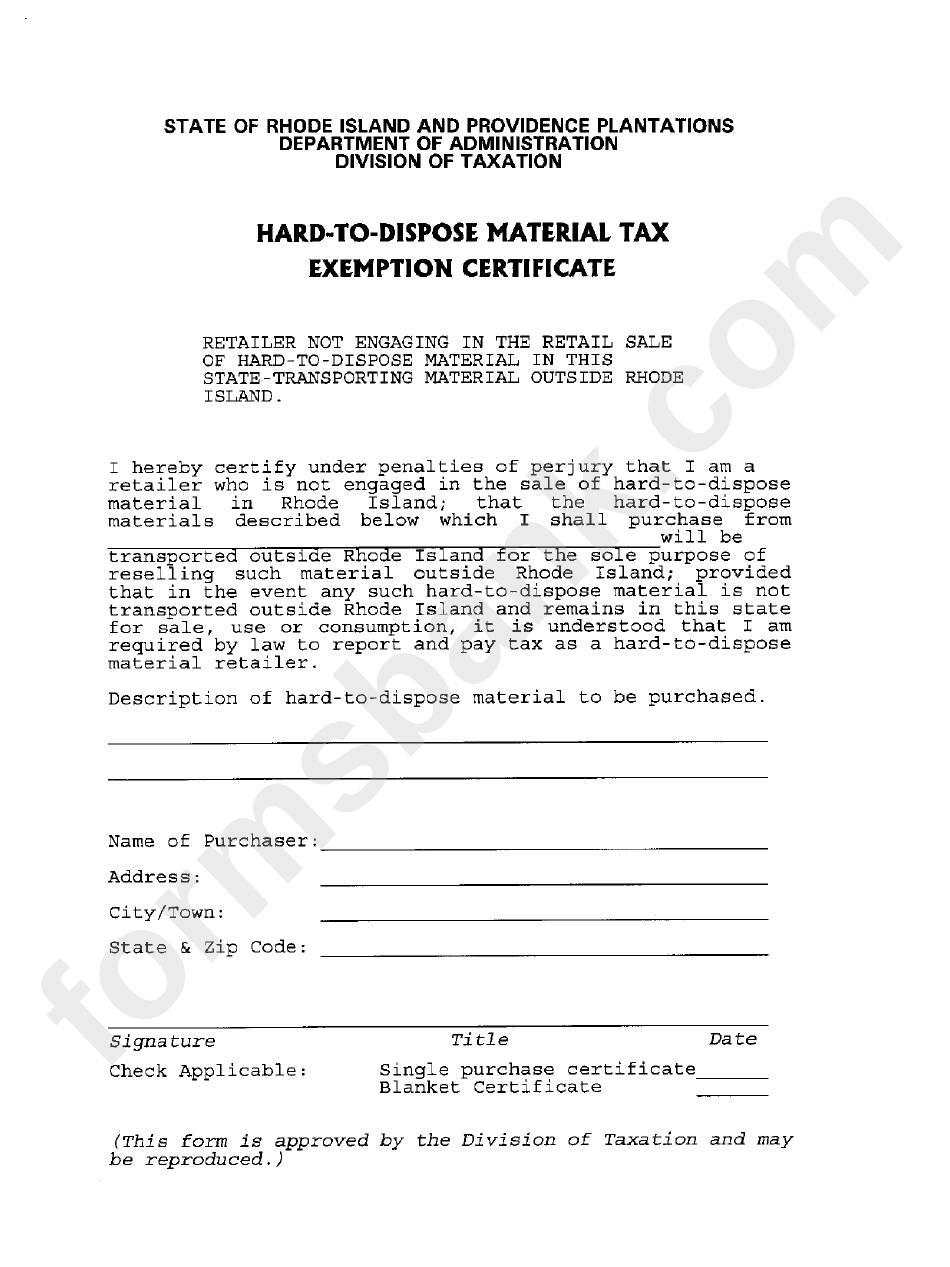 Hard-To-Dispose Material Tax Exemption Certificate Form