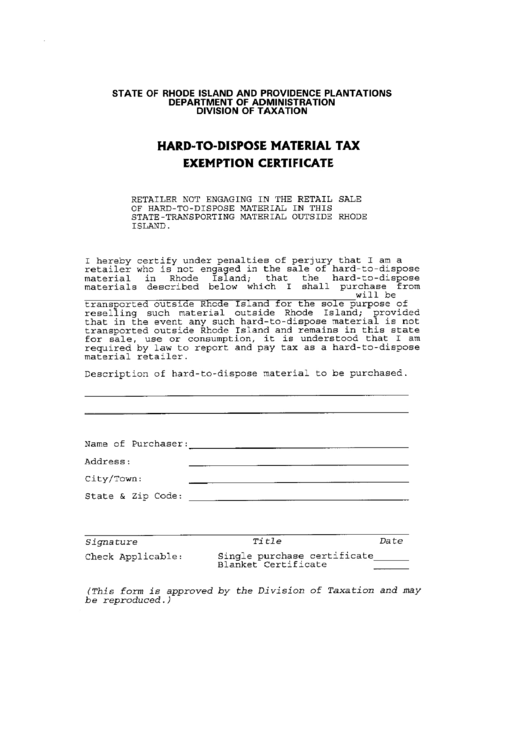 Hard-To-Dispose Material Tax Exemption Certificate Form Printable pdf