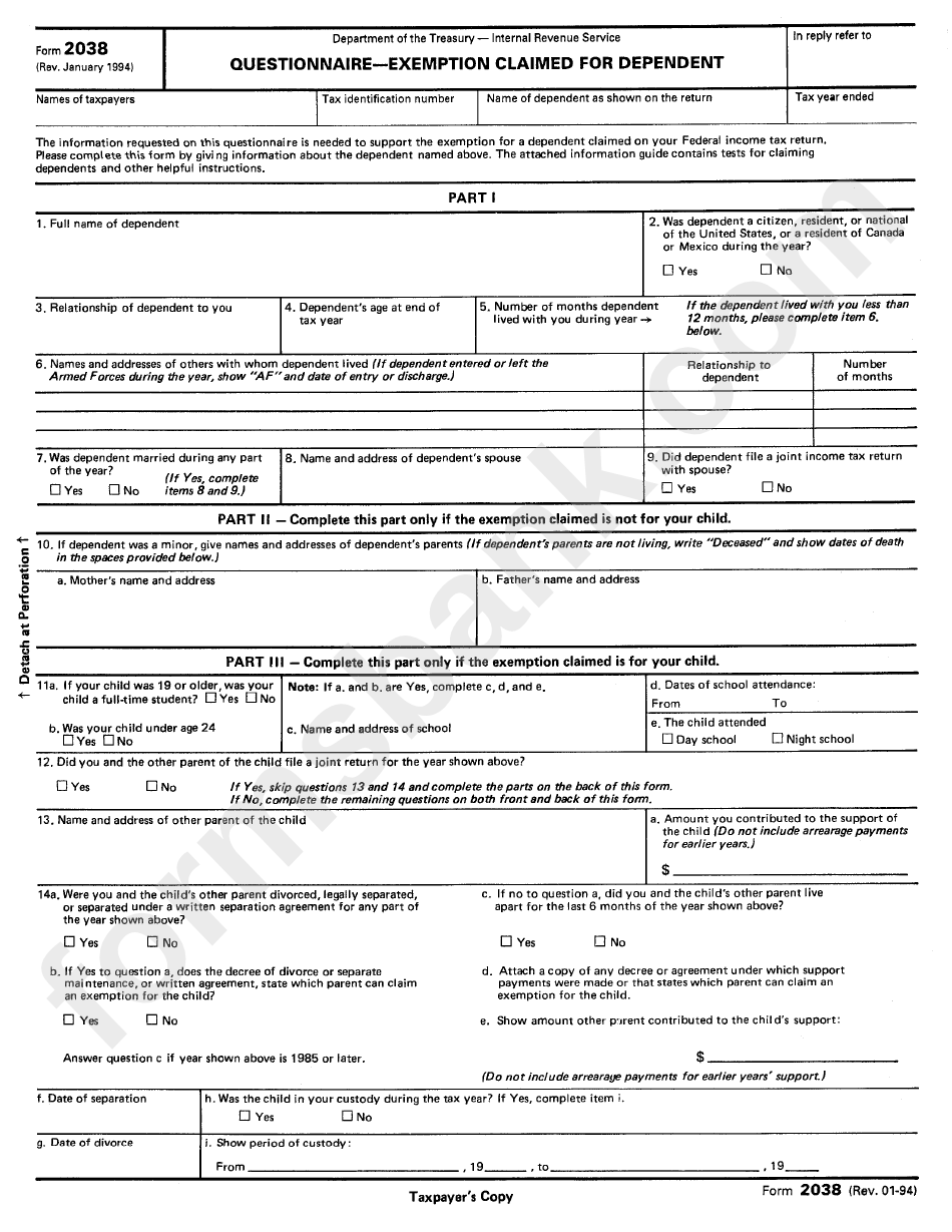 Form 2038 - Questionnaire - Exemption Claimed For Dependent
