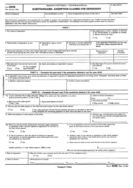 Form 2038 - Questionnaire - Exemption Claimed For Dependent Printable pdf