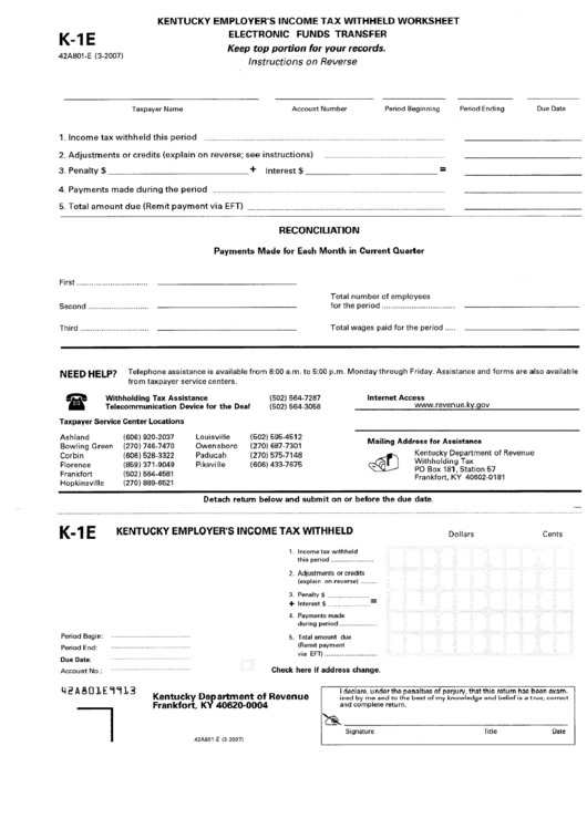 Form K-1e - Kentucky Employer's Income Tax Withheld Worksheet