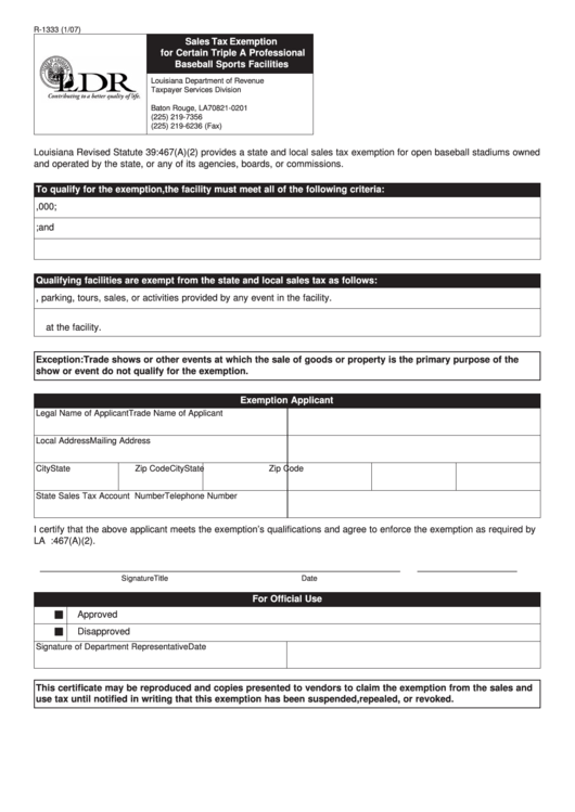 Fillable Form R-1333 - Sales Tax Exemption For Certain Triple A Professional Baseball Sports Facilities Form Printable pdf