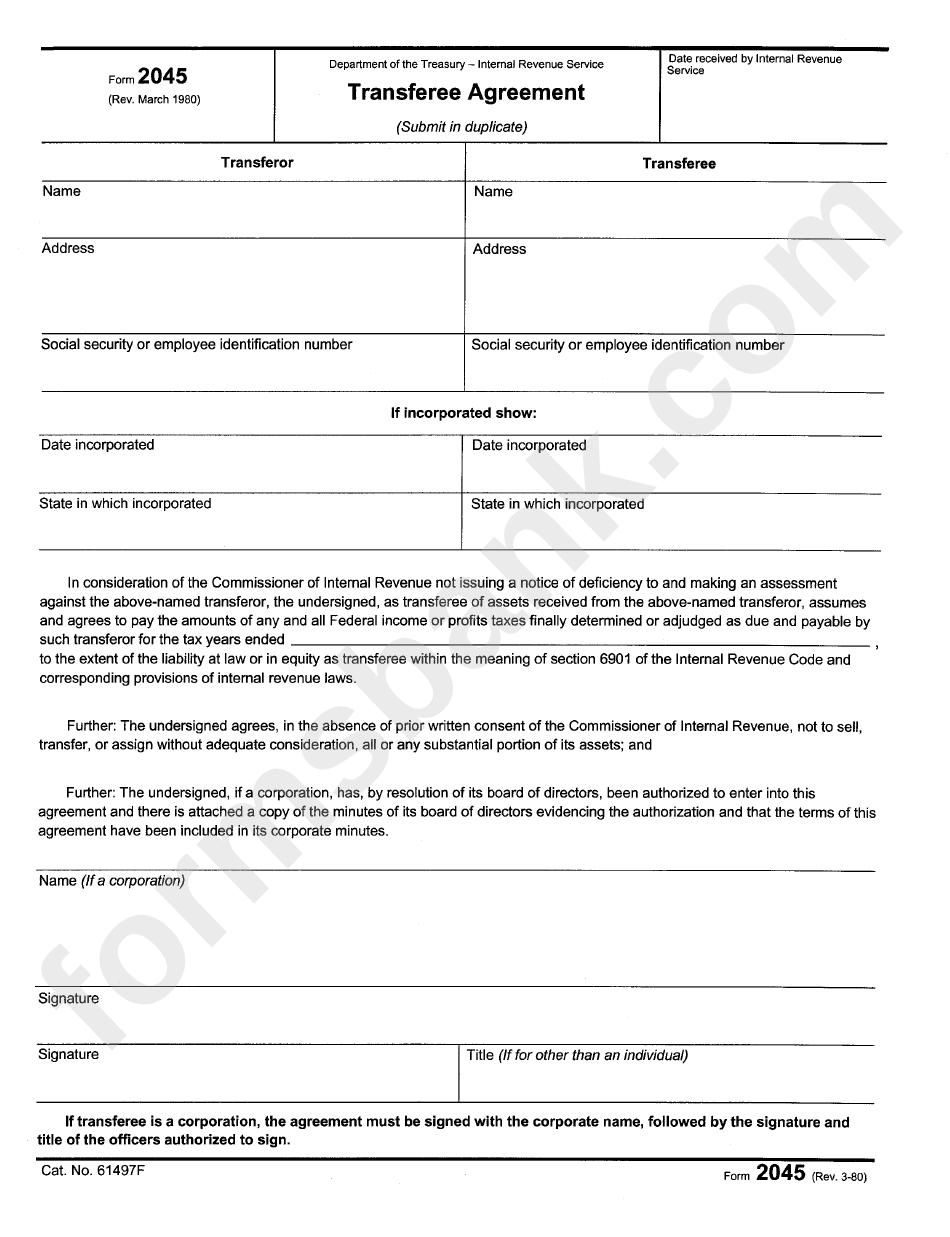 Form 2045 - Transferee Agreement Form