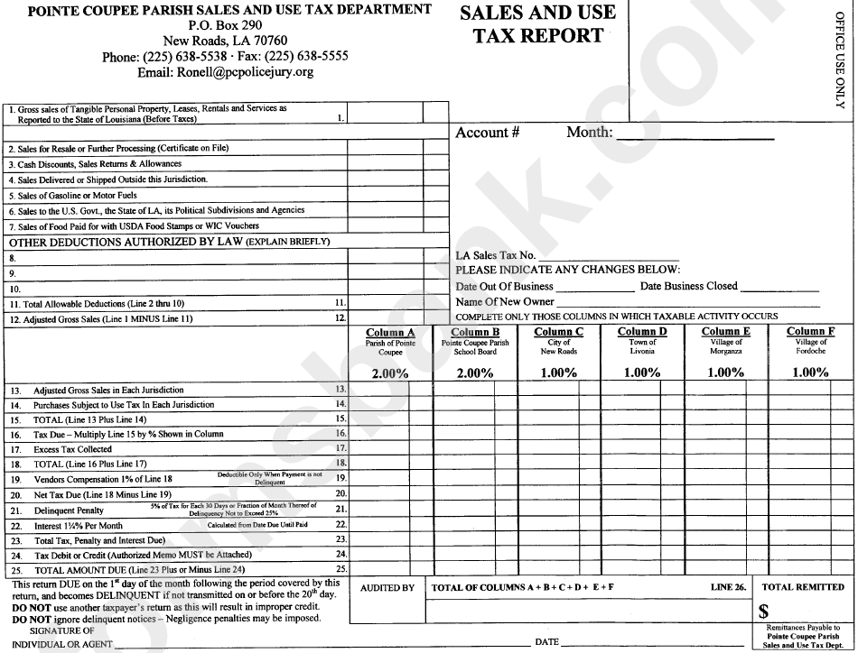 Sales And Use Tax Report Form - Pointe Coupee Parish