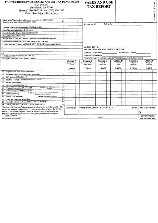 Sales And Use Tax Report Form - Pointe Coupee Parish Printable pdf