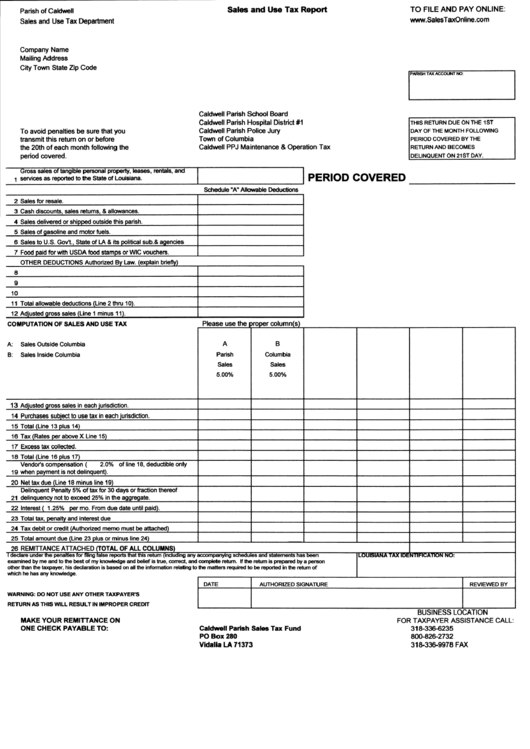Sales And Use Tax Report Form - Parish Of Caldwell Printable pdf