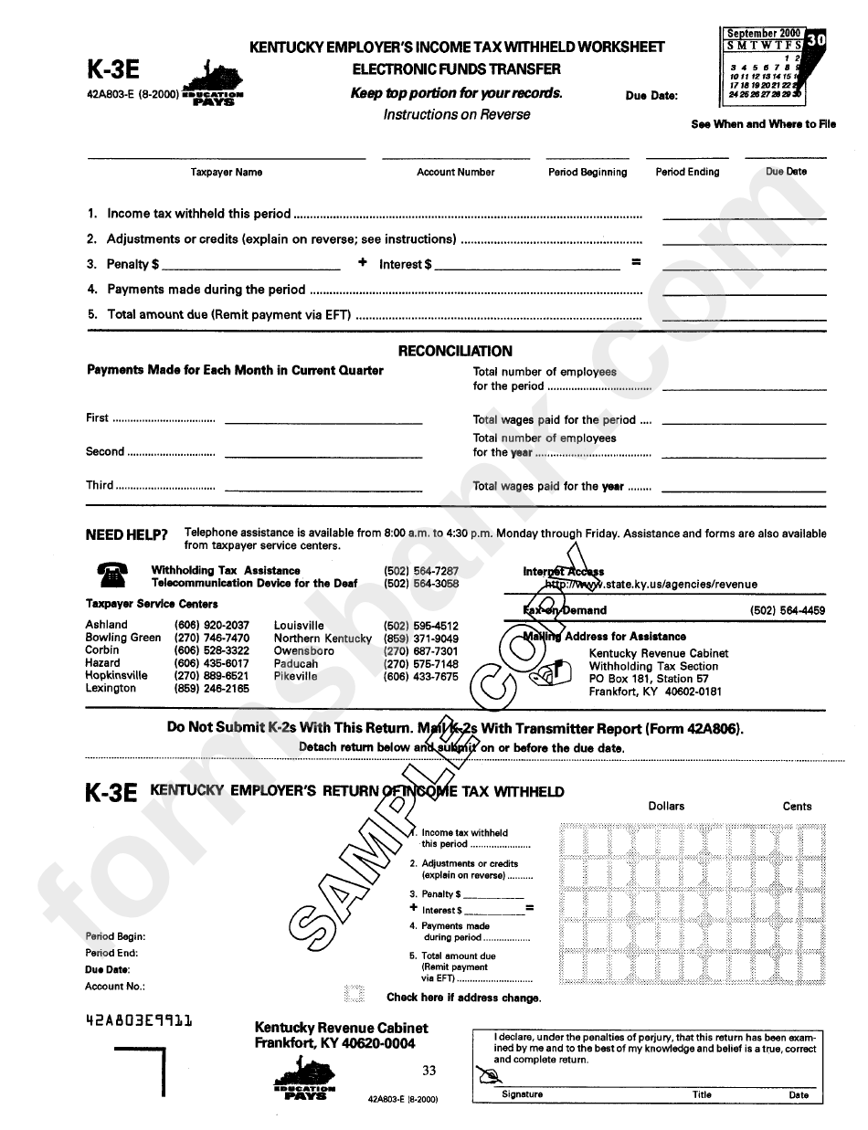Form K3e Kentucky Employer'S Tax Withheld Worksheet printable
