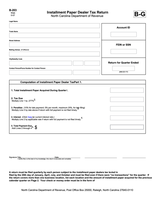 Form B-203 - Installment Paper Dealer Tax Return Form Printable pdf
