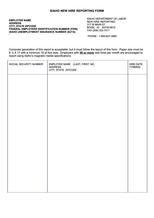 Idaho New Hire Reporting Form Printable pdf