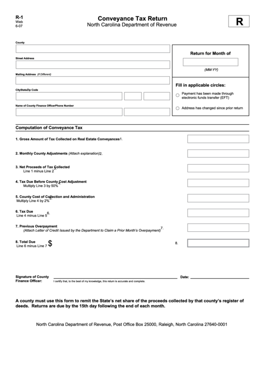 Form R-1 - Conveyance Tax Return Form Printable pdf