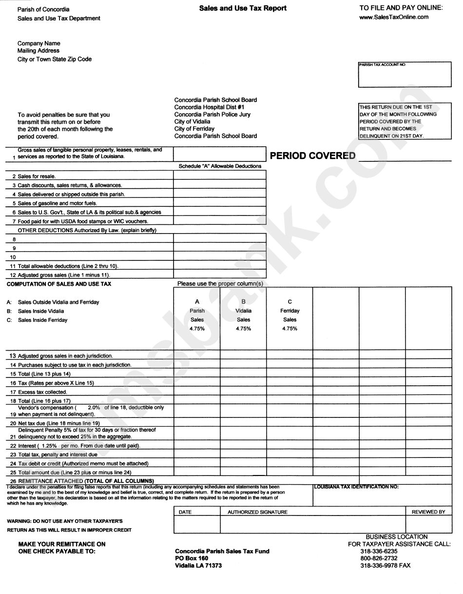 Sales And Use Tax Report Form - Parish Of Concordia