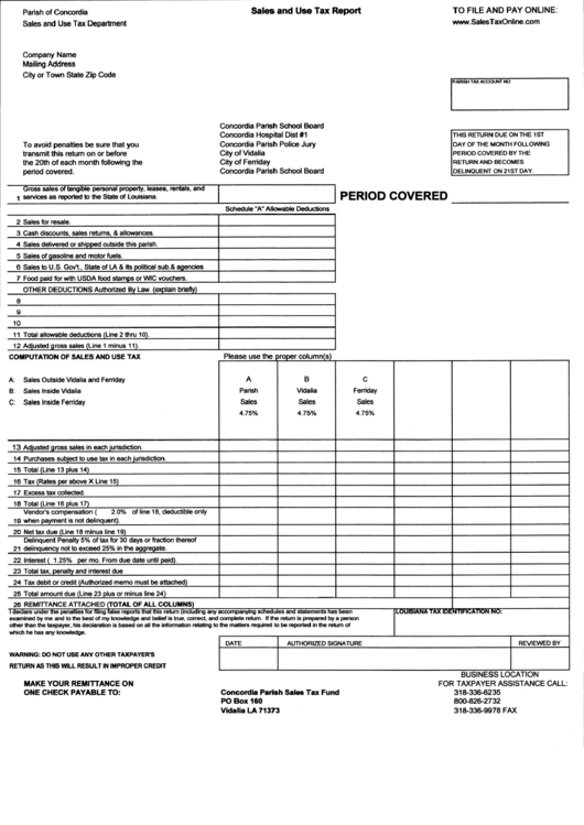 Sales And Use Tax Report Form - Parish Of Concordia Printable pdf