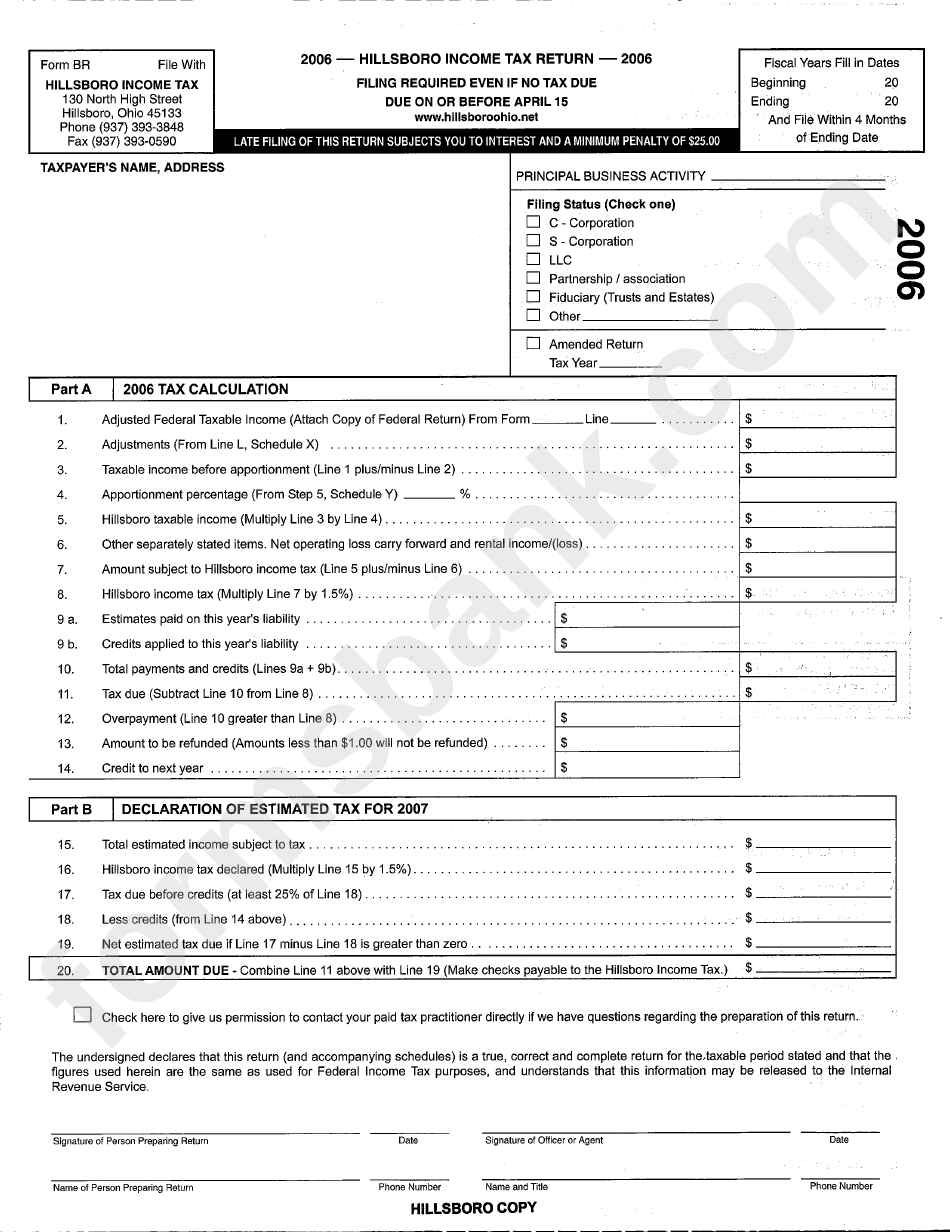Form Br - 2006 Hillsboro Income Tax Return Form - State Of Ohio