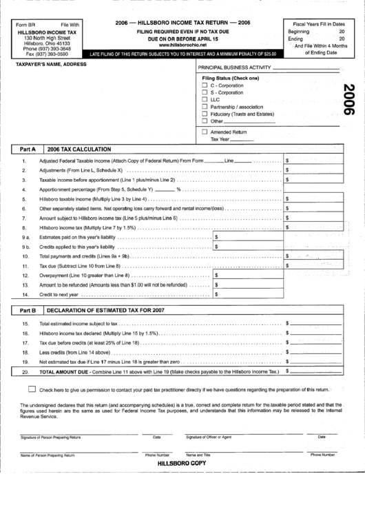 Form Br - 2006 Hillsboro Income Tax Return Form - State Of Ohio Printable pdf