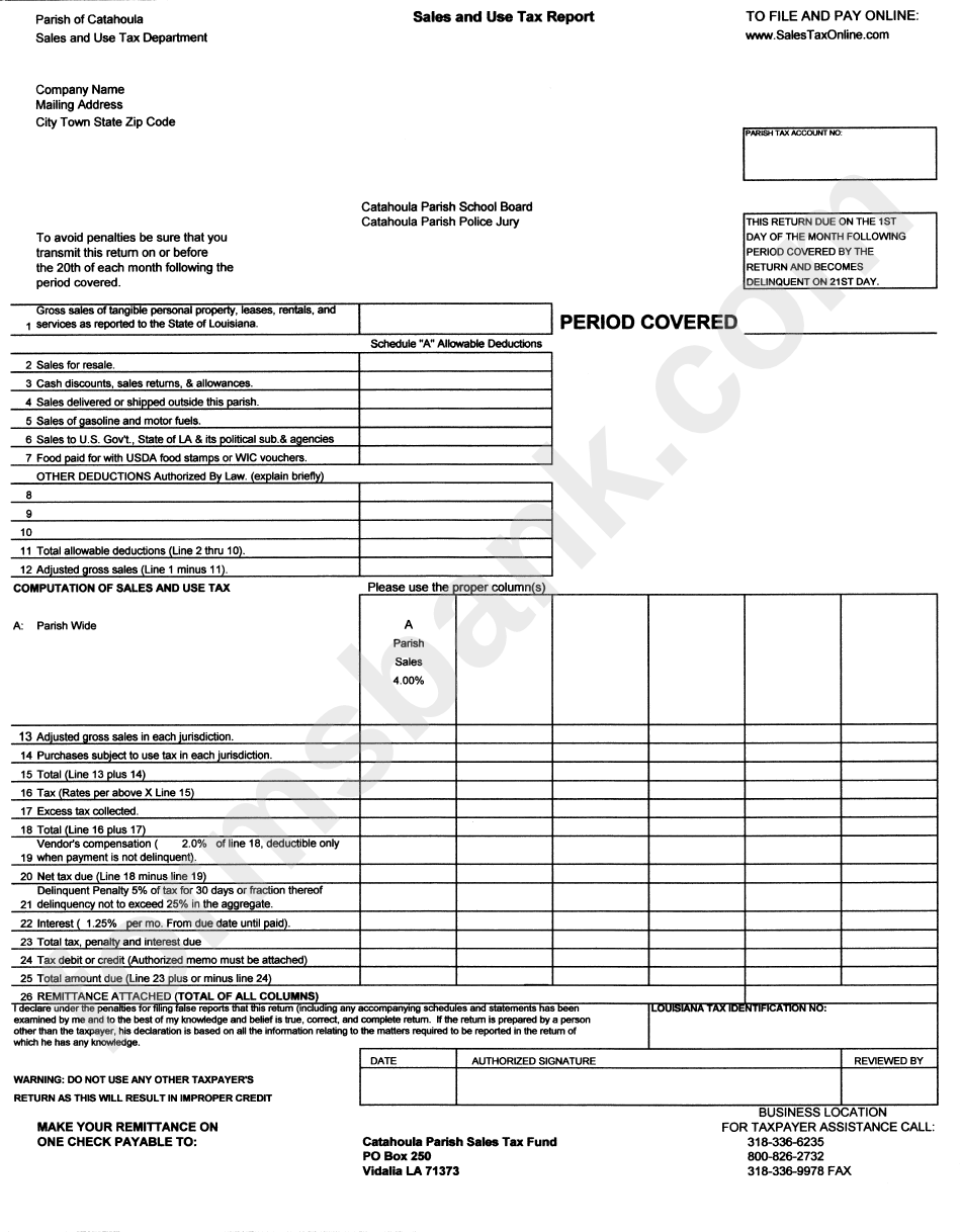 Sales And Use Tax Report Form - Parish Of Catahoula