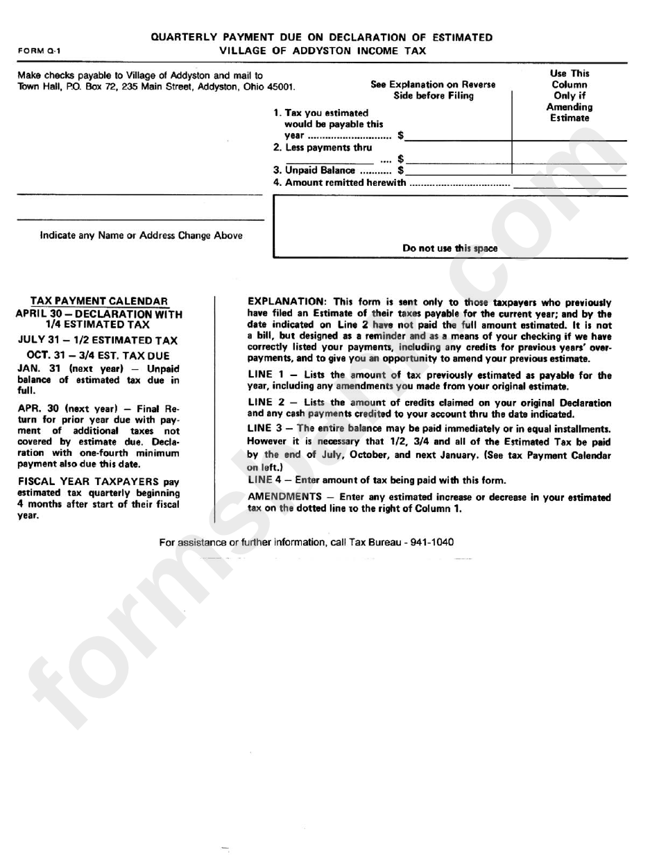 Form Q-1 - Form For Quaterly Payment Due On Declaration Of Estimated Income Tax - Village Of Addyston