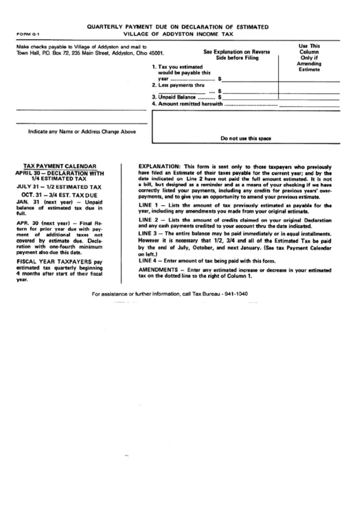 Form Q-1 - Form For Quaterly Payment Due On Declaration Of Estimated Income Tax - Village Of Addyston Printable pdf