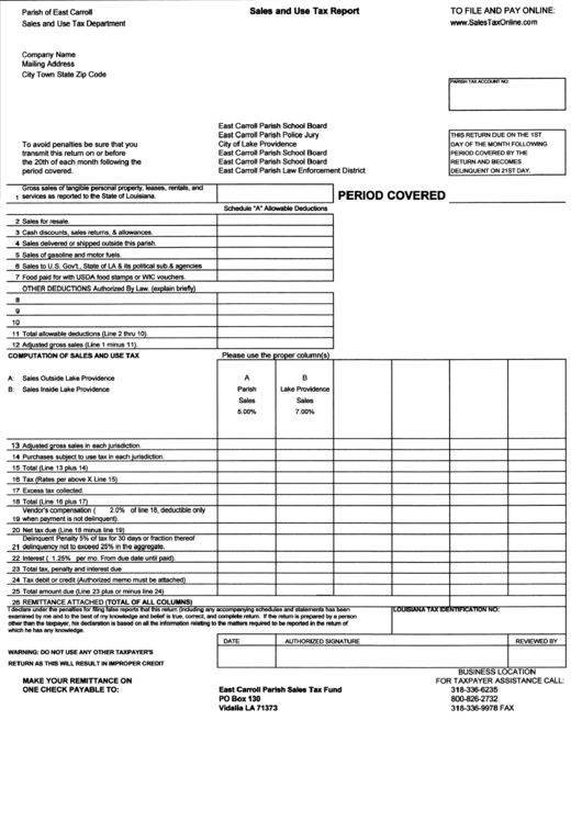 Sales And Use Tax Report Form - Parish Of East Carroll Printable pdf