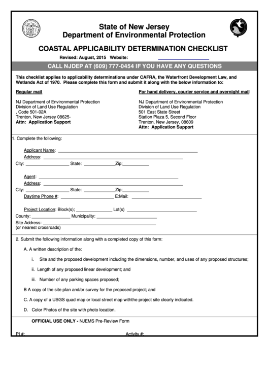 Coastal Applicability Determination Checklist Template - New Jersey Department Of Environmental Protection Printable pdf