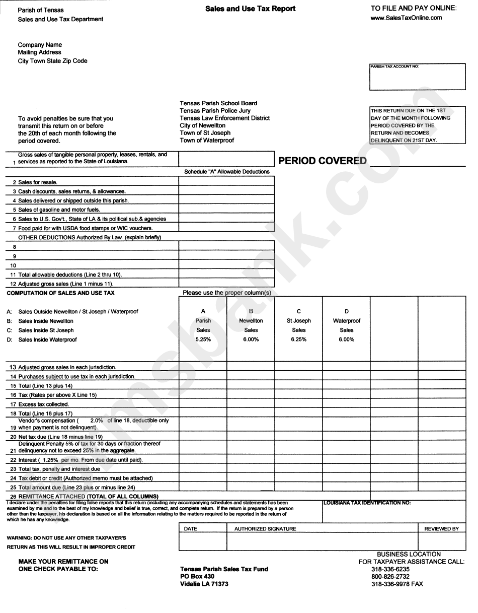 Sales And Use Tax Report Form - Parish Of Tensas