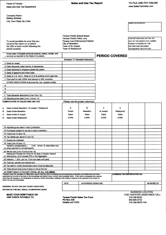 Sales And Use Tax Report Form - Parish Of Tensas Printable pdf