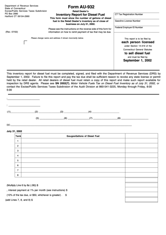 Form Au-932 - Inventory Report For Diesel Fuel Form - State Of Connecticut Printable pdf