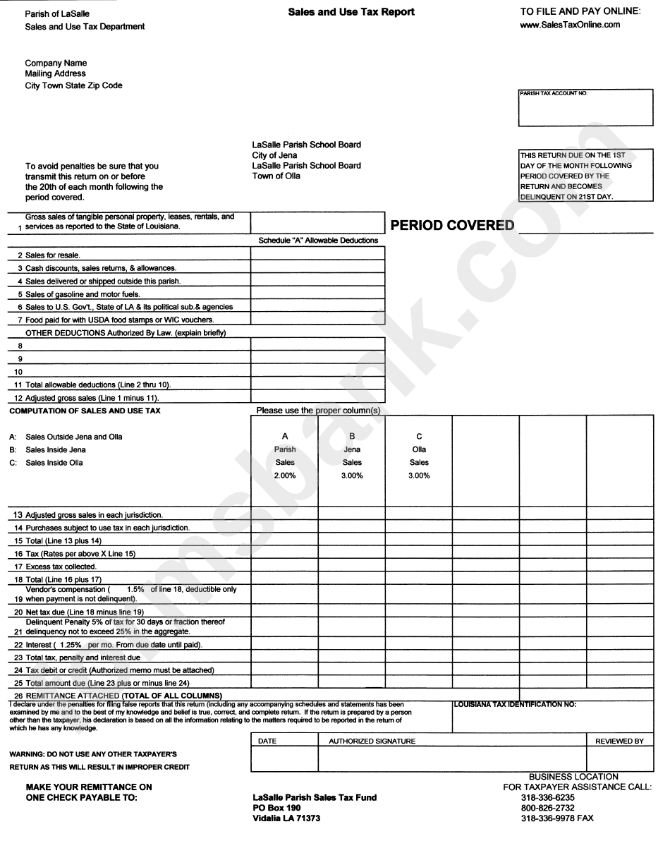 Sales And Use Tax Report Form - Parish Of Lasalle