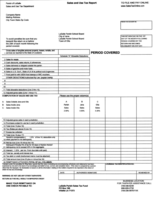 Sales And Use Tax Report Form - Parish Of Lasalle Printable pdf