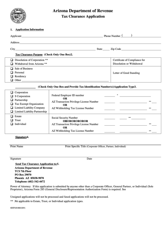 Form Ador 25-000 - Tax Clearance Application Form - Arizona Department Of Revenue Printable pdf