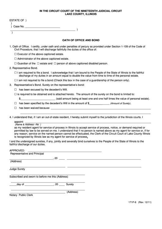 Fillable Oath Of Office And Bond Form - Lake County, Illinois Printable pdf