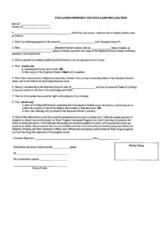 Unclaimed Properity Estate Claim Declaration Form Printable pdf