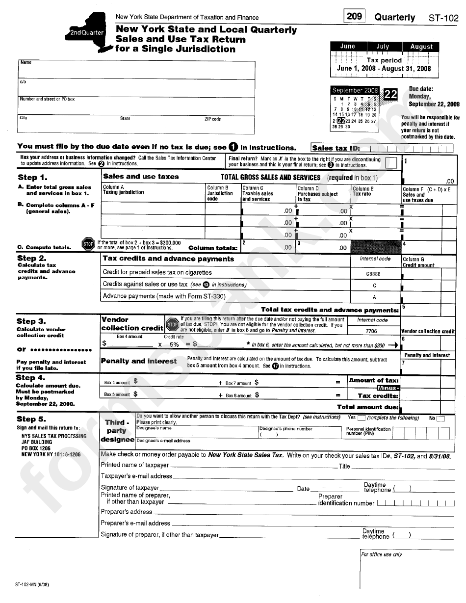 Form St-102 - Nys And Local Quaerterly Sales And Use Tax Return For A Single Jurisdication